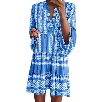 

Women's Sexy Dress New Plus Size Vintage Classical Printed Long Sleeve V-neck Loose Dresses Spring Summer Fashion Vestido # A