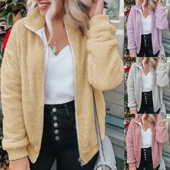 

Winter Women Solid Color Plush Long Sleeve Zipper Turn Down Collar Coat Cardigan Sweaters Plush Jacket Warm Thick Casual Coat