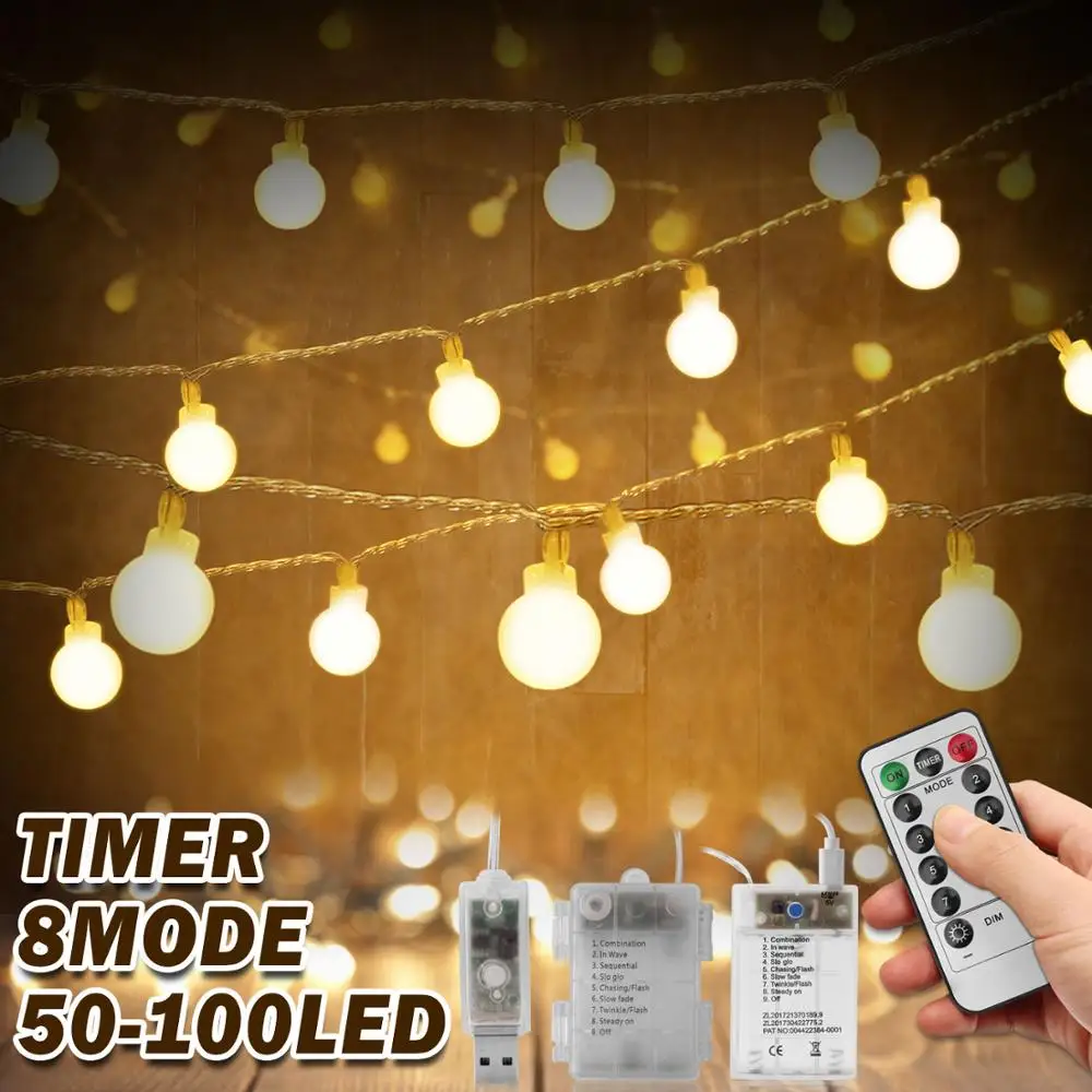 US $10.85 10m 100 LED Christmas Fairy Light 8Mode Outdoor Lighting String Ball Festoon BatteryUSB New Year Garland Decor For Home Bedroom