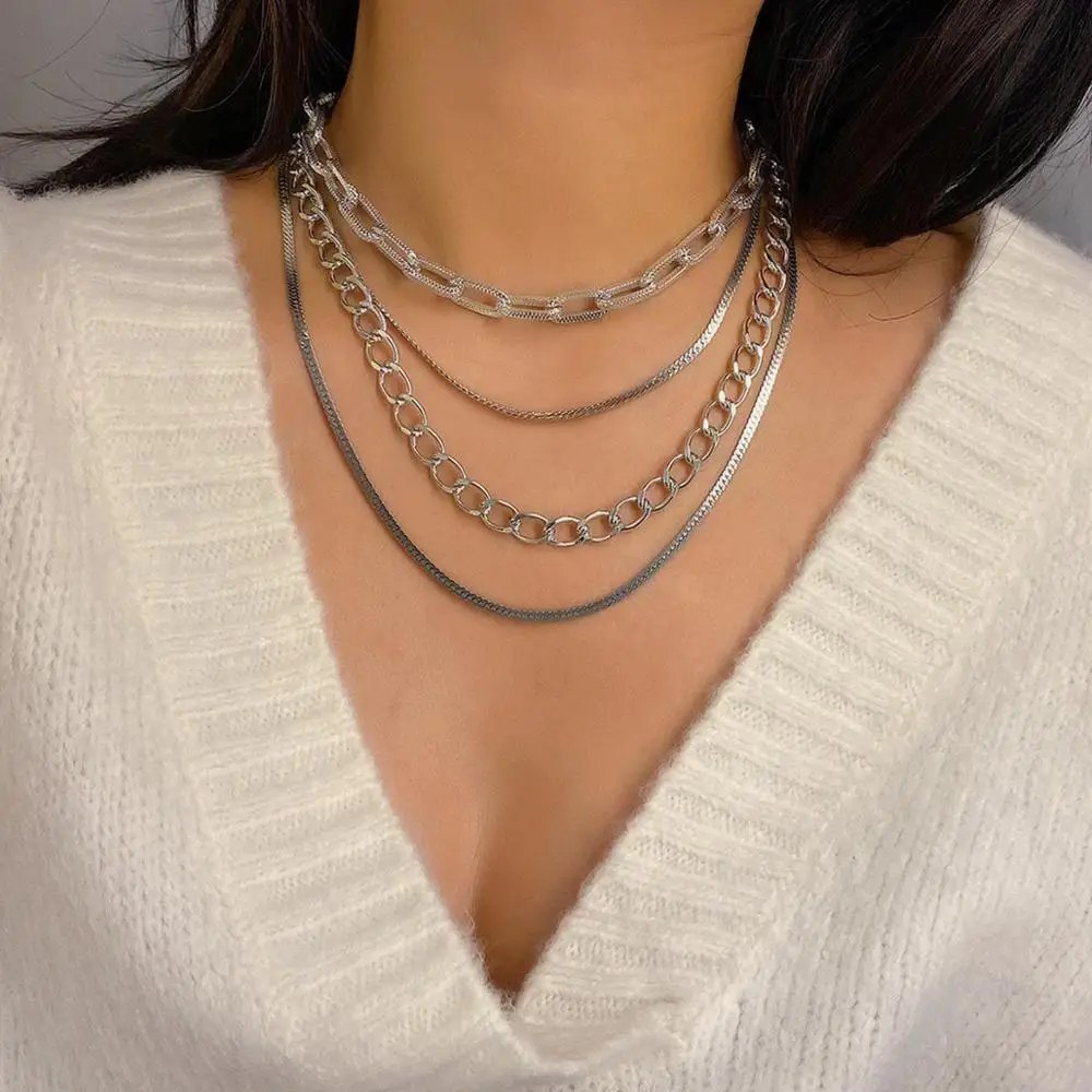PuRui Simple Multi Chain Necklace Gold Silver Layered Personalized Collar Necklace Statement Chain Choker Hip Hop Jewelry Women