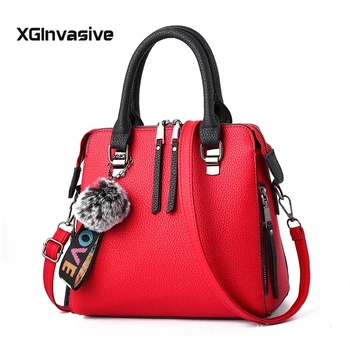 

Fur Ball Crossbody PU Leather Women Messenger Bag Flap Bag Female Shoulder Bag Solid Color Handbags 2019 black high quality