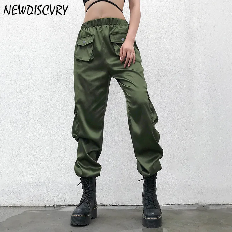 NEWDISCVRY стиль женские мульти-карманные армейские зеленые Ins свободные с высокой талией повседневные брюки