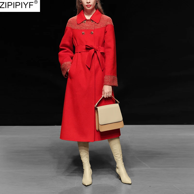 2020 Spring Fashion New Style Elegant Long Sleeve Red Patchwork Turn Down Collar Woolen Coat Vintage Sash Trench | Женская одежда
