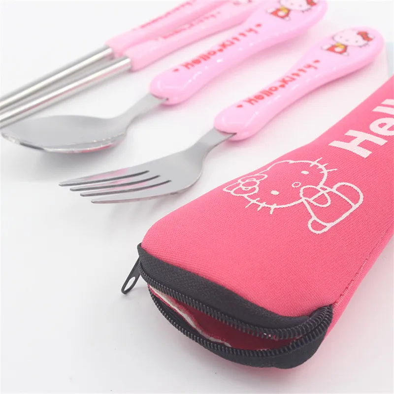 3PCS/Set Kawaii Cute Cat Stainless Steel Dinnerware Kitchen Supplies Chopsticks Utensil Flatware Spoon Fork For Kids Children