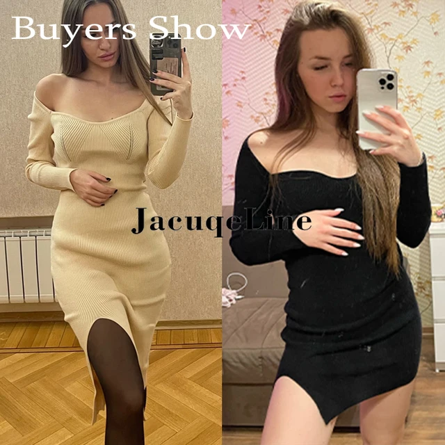 Jacuqeline 2022 Knitted Green Midi Sexy Bodycon Women Dress Spring Long Sleeve Off Shoulder Split Elegant Sweater Party Dresses 6