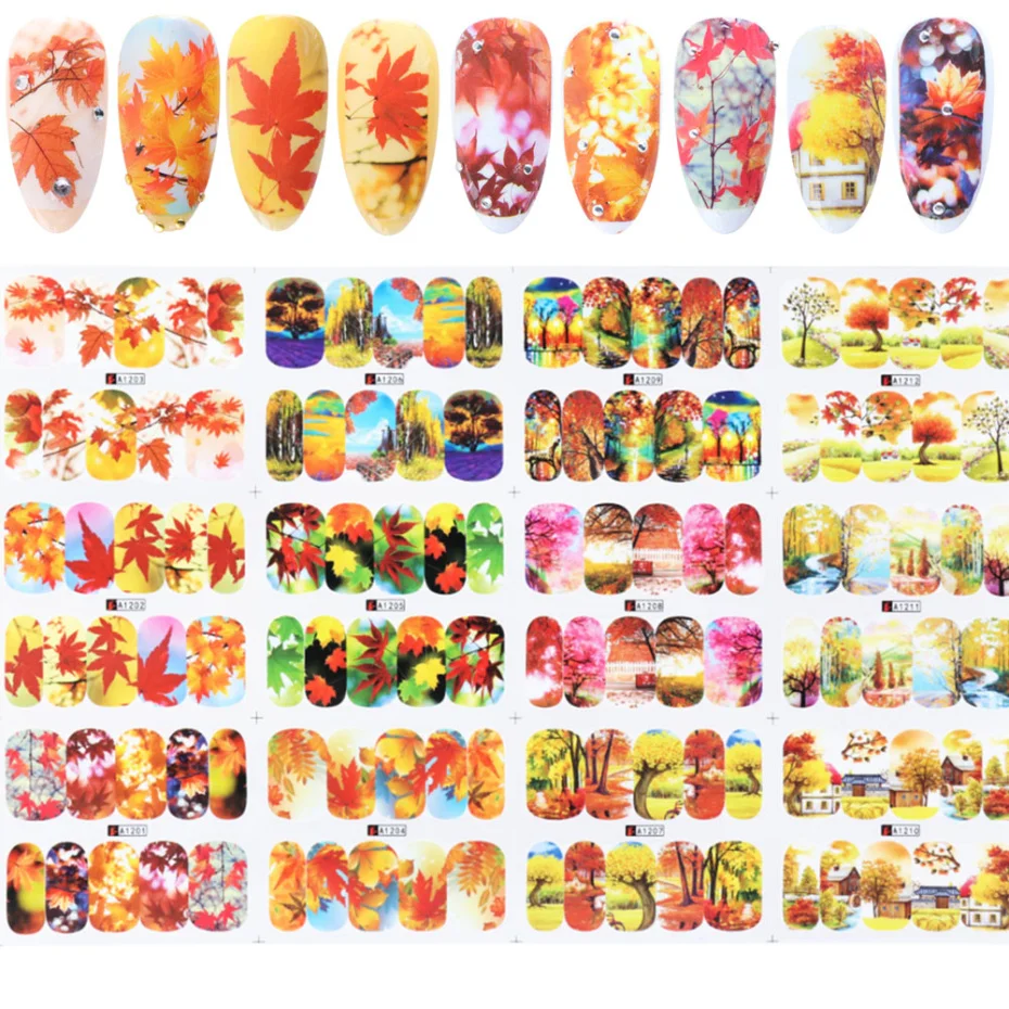 

12 pcs Autumn Maple Leaves Flower Water Transfer Nail Sticker Decals Beauty Decoration Designs DIY Color Tattoo Tip LEA1203-1210