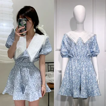 

Peter Pan Collar Puff Sleeve Cute Rompers Women 2020 Sky Blue Floral Print Rompers Elastic Waist Wide Legs Skirt Shorts Rompers