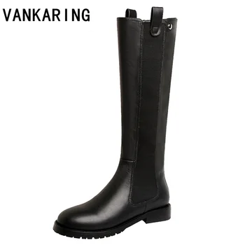 

smiple design fashion genuine leather women knee high boots cozy round toe western boots women chunky low heels runway boots