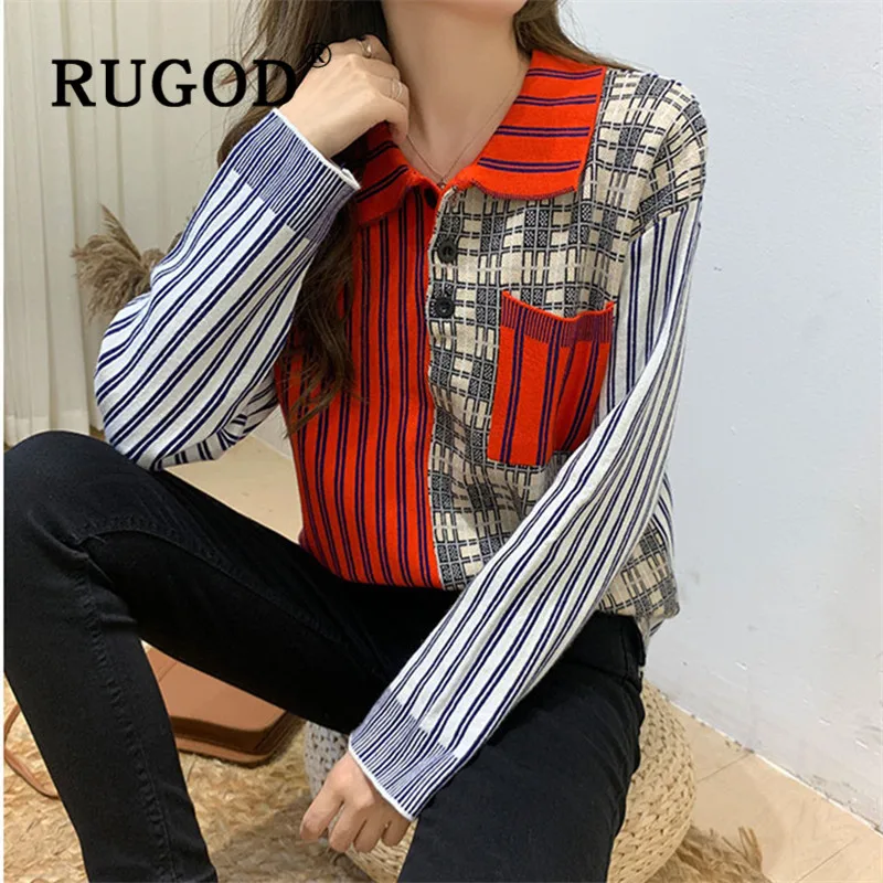RUGOD, новинка, Осеннее поступление, женская блузка в клетку, в полоску, в стиле пэчворк, отложной воротник, длинный рукав, тонкая рубашка, модная женская одежда