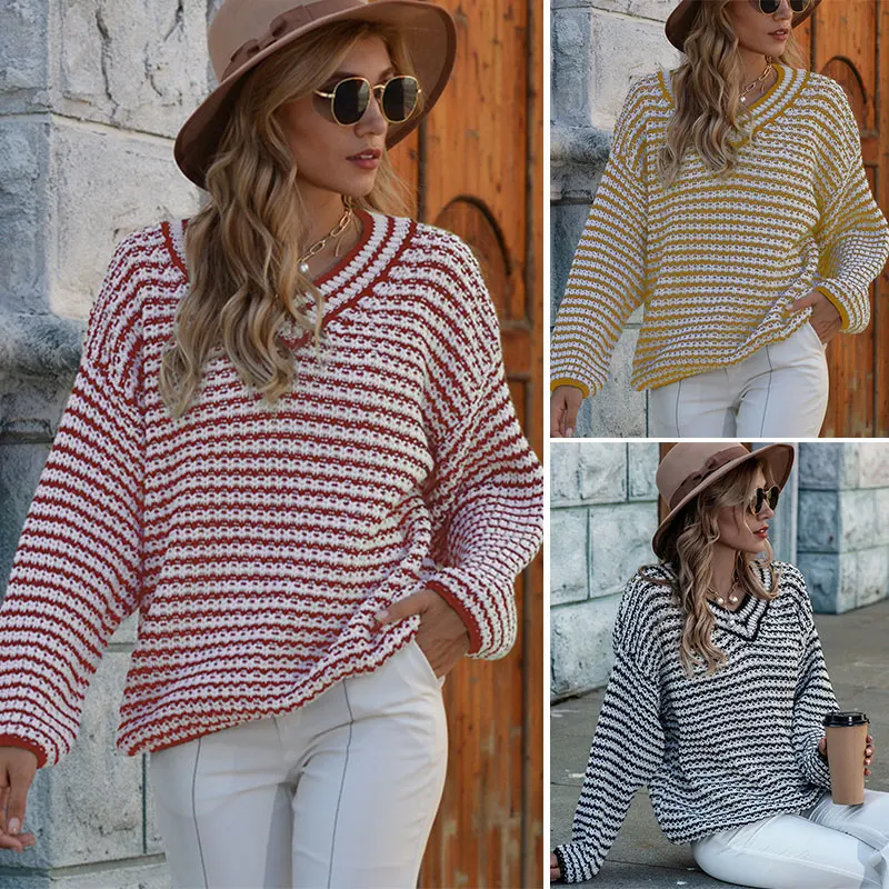 

Women Striped Sweater Autumn Winter V Neck Long Sleeve Sweater Loose Knit Pullover Tops Cable Sweaters