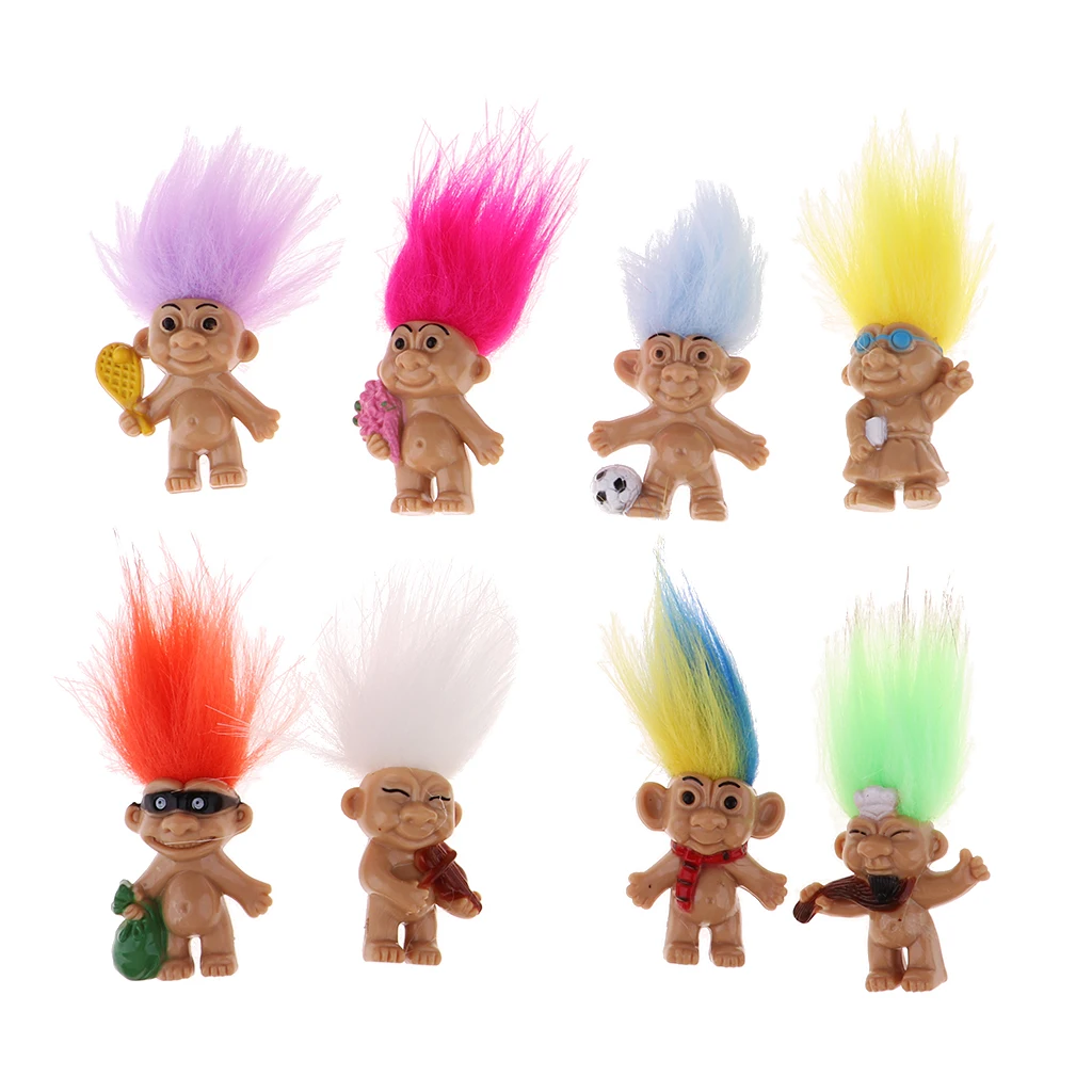 Vintage 8 Pieces Colorful Lucky Troll Doll Leprocauns Dollhouse Mini Figures Toy – Party Favors, Collections, Arts and Crafts