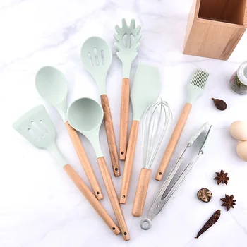 

9pcs Silicone Wood Turner Soup Spoon Spatula Brush Scraper Pasta Server Egg Beater Kitchen Cooking Tools Kitchenware Green