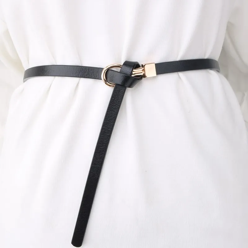 NEW Thin Cowskin Belts For Women Black Soft Leather Knot Belt Dress Lady Genuine Cow Leather Waistbands Gold Buckle Gifts Girl