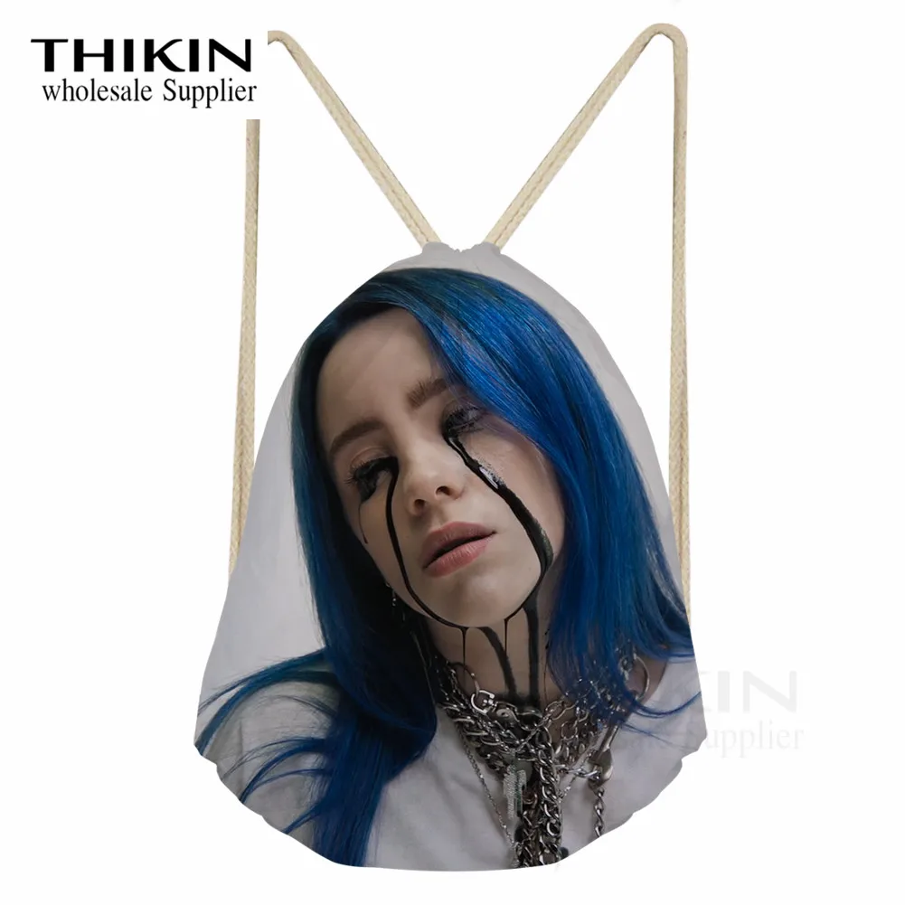 as picture THIKIN мультфильм Billie Eilish Для женщин шнурок сумки полиэфирное женское платье Портативный пляжный рюкзак луч карман для путешествий, женский рюкзак - Цвет: as picture