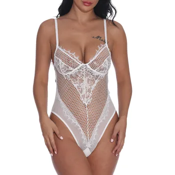

Women Sexy Lace Perspective Of Sexy Eyelashes Bodysuit V-neck Sleeveless Backless Temptation Lingerie Lace Underwear Jumpsuit