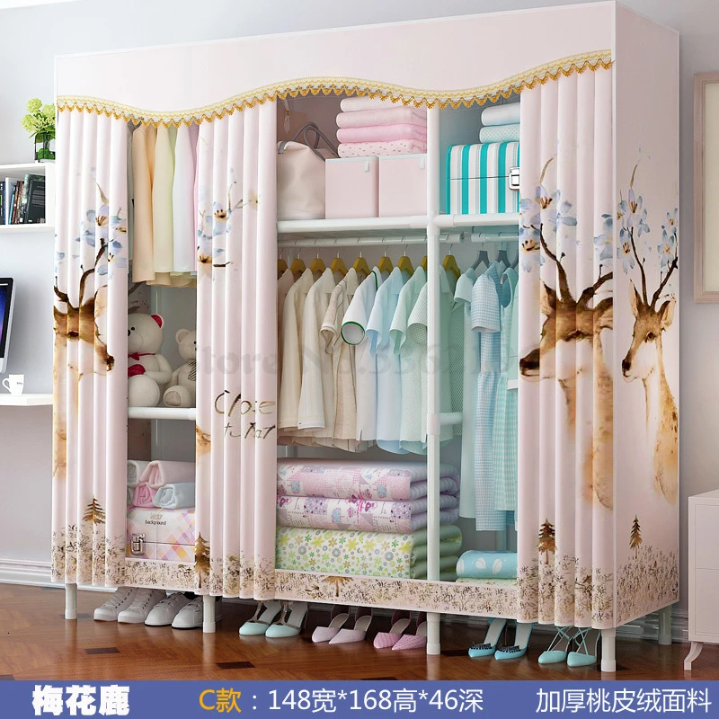 Wardrobe Simple Cloth Wardrobe Steel Pipe Thickening Reinforcement Thickening Assembly Double Steel Frame Storage Wardrobe - Цвет: Темный хаки