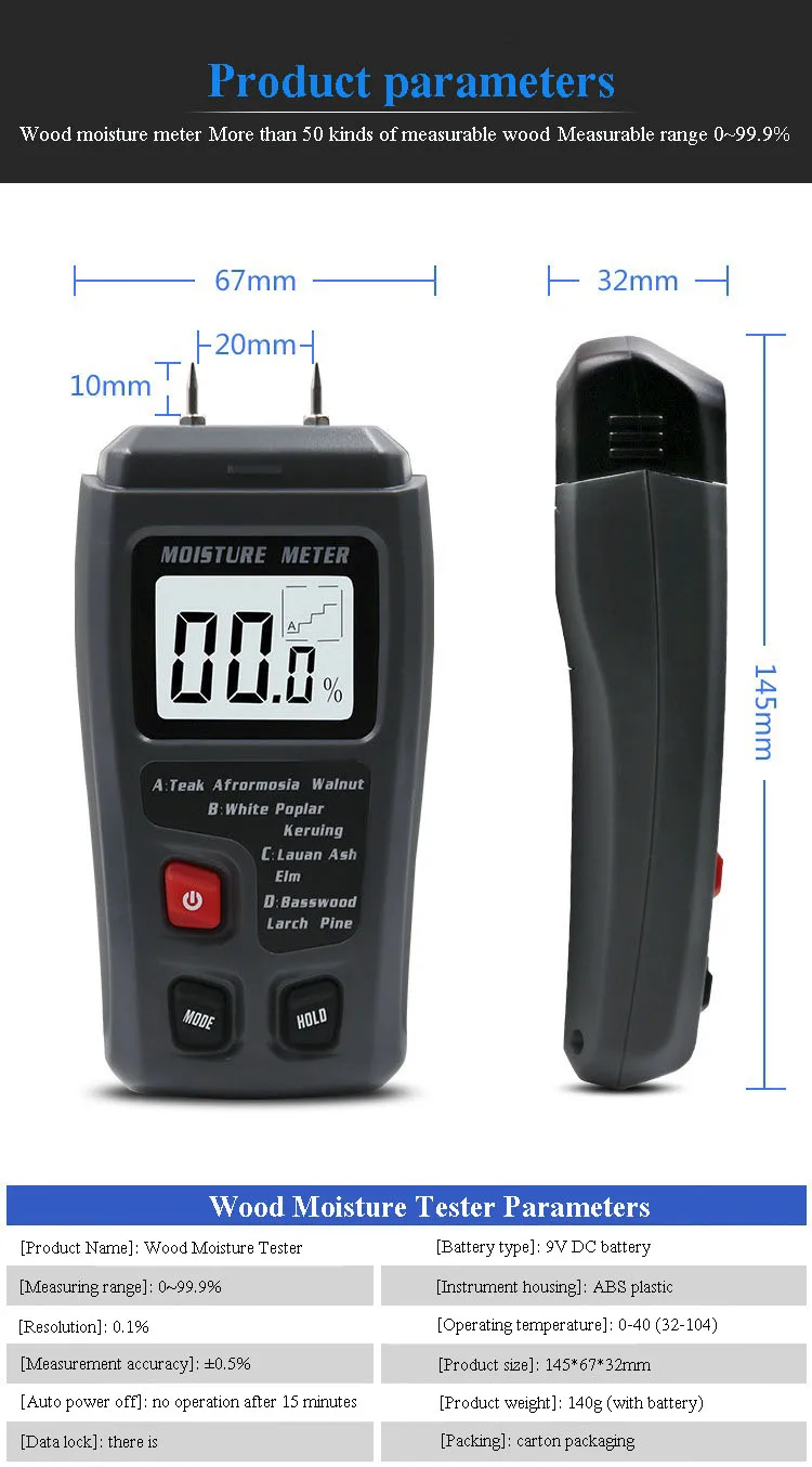 EMT01 0-99.9% двухконтактный цифровой измеритель влажности древесины гигрометр детектор влажности древесины большой ЖК-дисплей