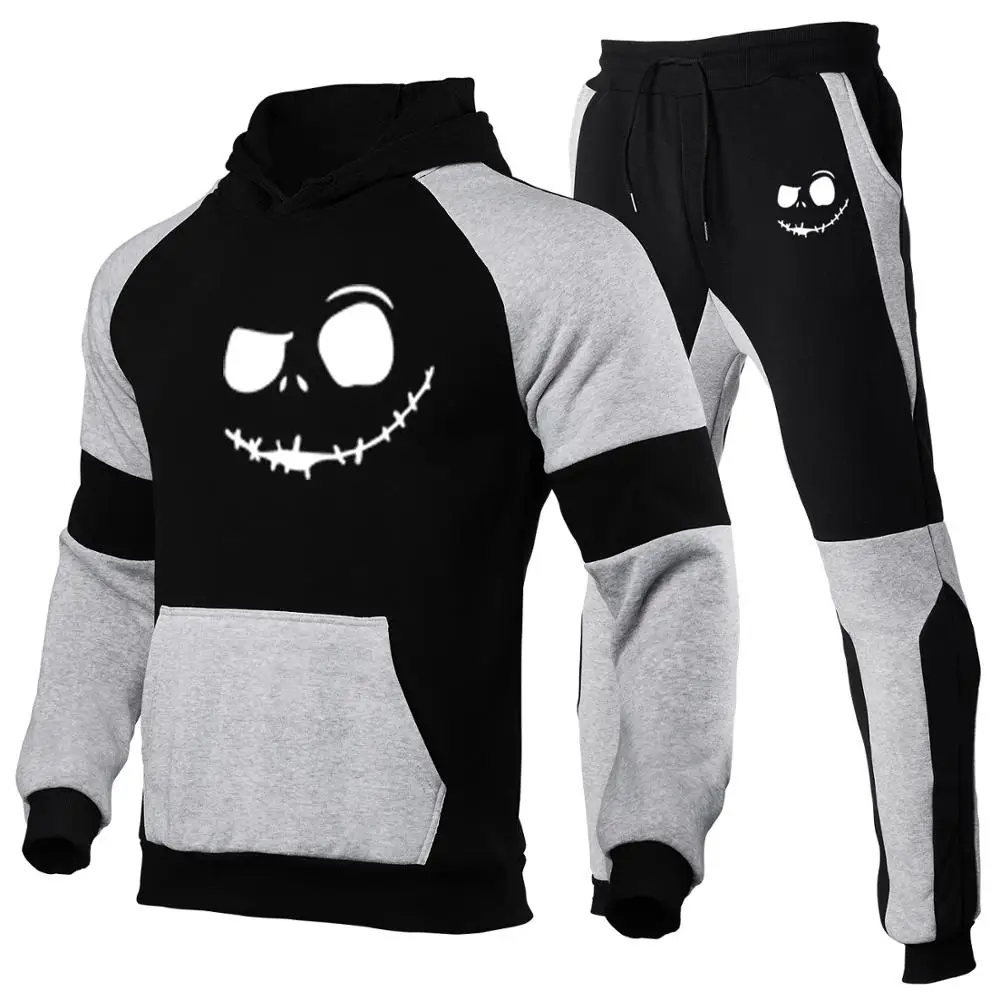 

Men's sportswear spring and autumn smile fitness hoodie patchwork suit new men's casual 2PC sweatshirt + sweatpants