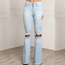 Женские повседневные джинсы с карманами и высокой талией, Синие рваные брюки-колокольчики, эластичные джинсы в форме трубы