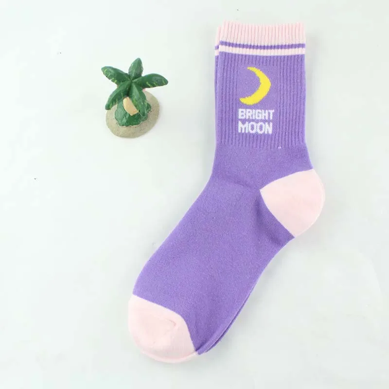 Bright Moon Purple Хлопковые короткие носки для взрослых до середины икры с изображением яркой Луны, лунное солнце, Вселенная, космос, Астро, космос, розовый, фиолетовый, белый, черный, пара носков - Цвет: Bright Moon Purple