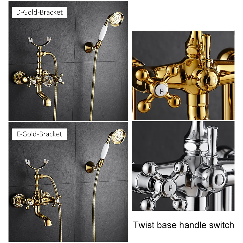 Luxury Crystal Handle Bathtub Gold Brass Faucet with Hand Shower Telephone Type Bath Faucets Sets Mixer Tap Wall Mounted EL8310G bathtub faucet