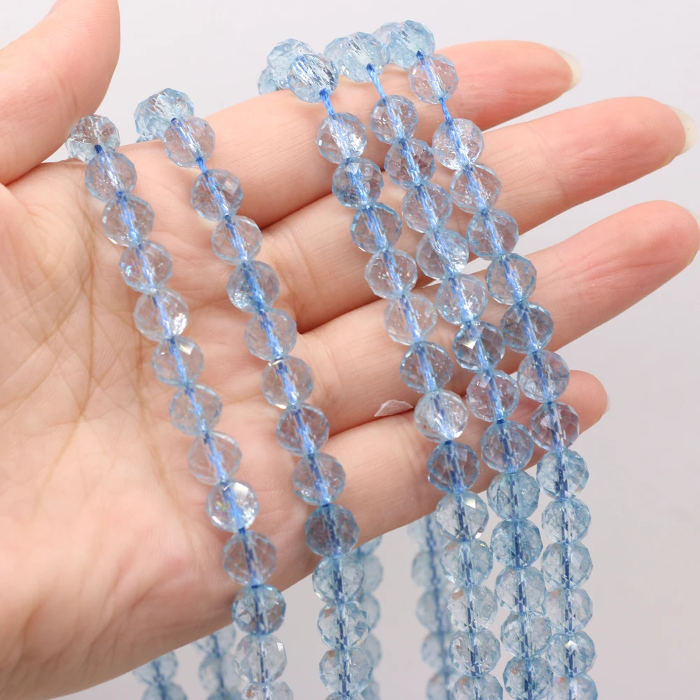 Natural Stone Beads Round Shape Faceted Blue Topaz Loose Spacer Beaded For Jewelry Making DIY Bracelet Necklace Accessories
