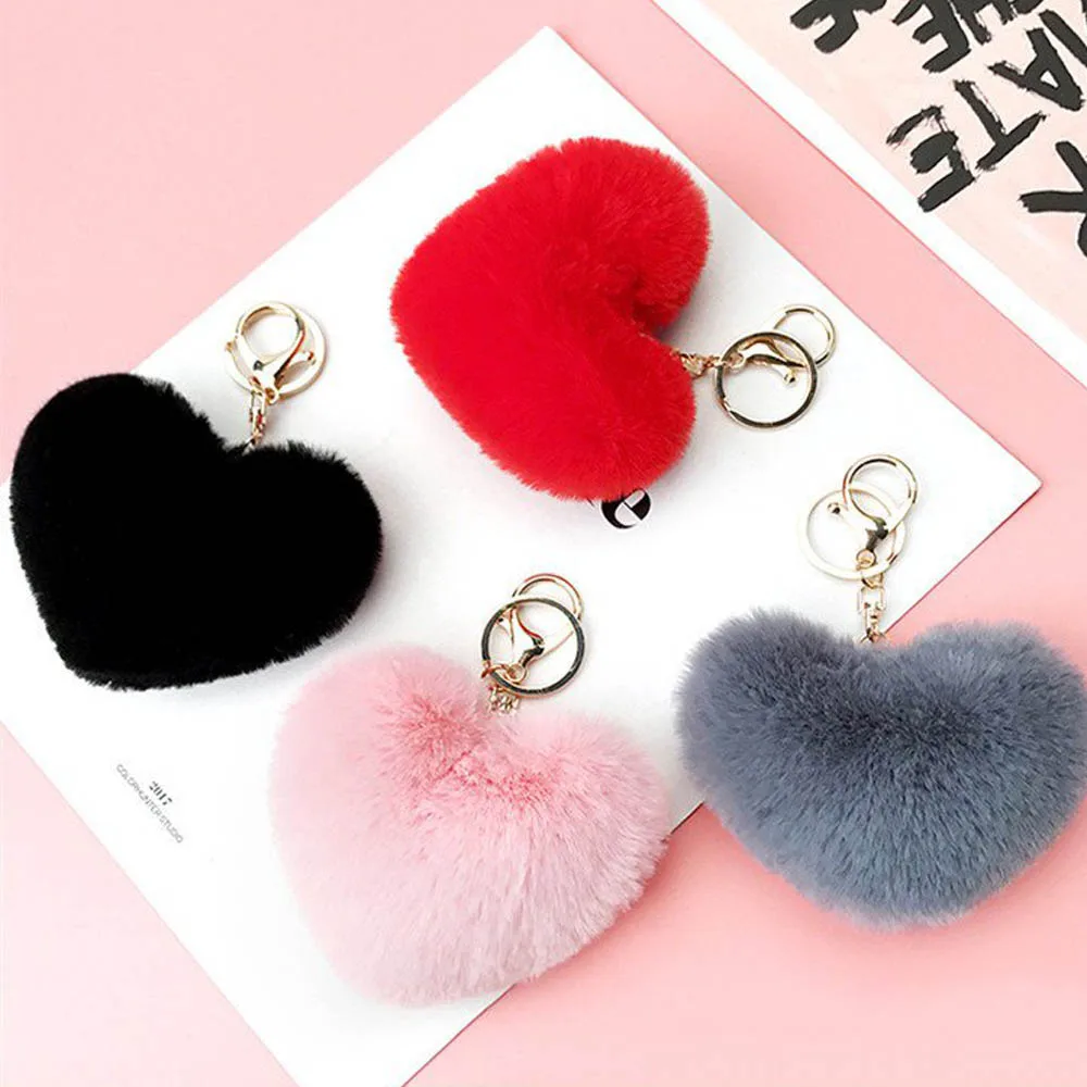Fluffy Heart Ball Pompom Keychain Metal Circle Plush Trinket Solid Color Women Sweet Soft Keyring Backpack Pendant Bag Decor | Украшения и
