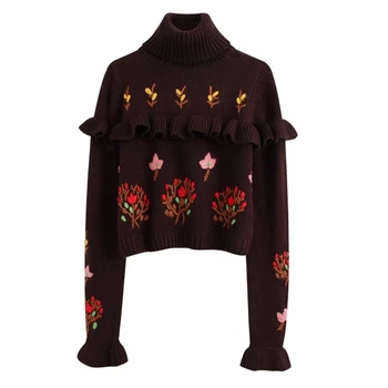 

New 2020 women vintage cascading ruffles embroidery knitting sweater female flare sleeve casual pullovers chic leisure tops S231