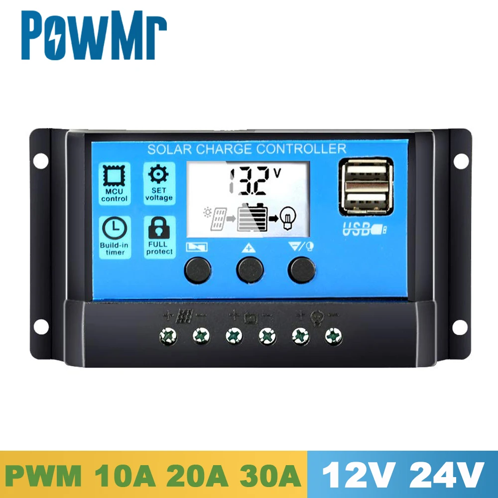 24V 12V Solar Charge Controller 30A 20A 10A PWM Solar Battery Charger LCD USB