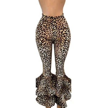 

Fashion Leopard Casual Pants Women Plus Size 2XL Layered Ruffles Printed Female Bottoms Office Ladies Party Long Trousers