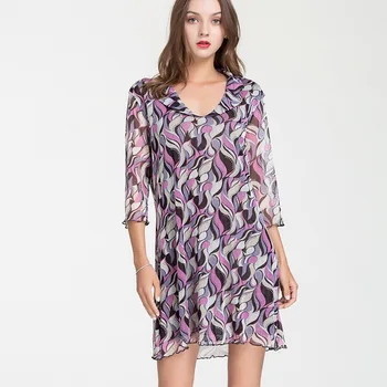 

Summer New 100% Mulberry Silk Mid-length Dress Printed Fold-down Collar Half-sleeve Shirt Double Layer Silk Dress Children