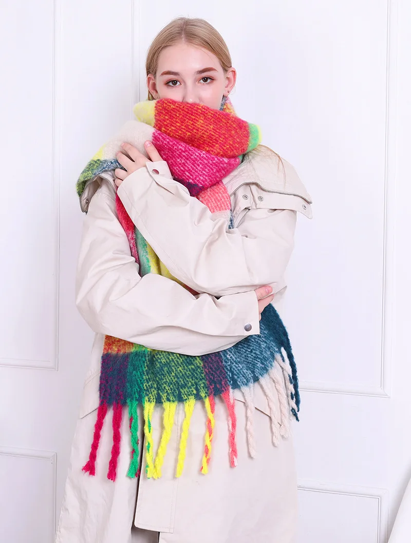 Женский шарф в радужную клетку, шали, супер толстый теплый зимний шарф, модный длинный палантин с кисточками, шарфы для женщин, Пашмина накидка
