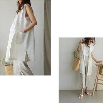 

ZCWXM Summer Women's Blazers Korean Casual Jacket Vest One Button New 2020 Cotton and Linen Pockets Split Wild Midi Tops