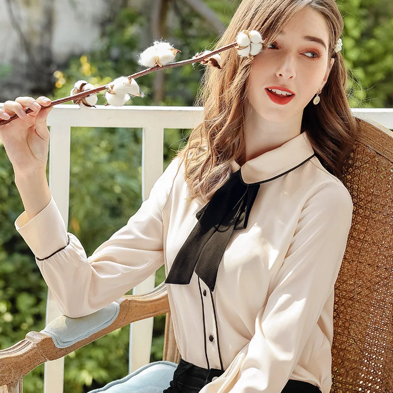 Hot sale2019 Winter New womens tops and blouses Bow tie lace up lapel Full sleeveFashion casual Plus cashmere warm Patchwork top - 4.00049E+12