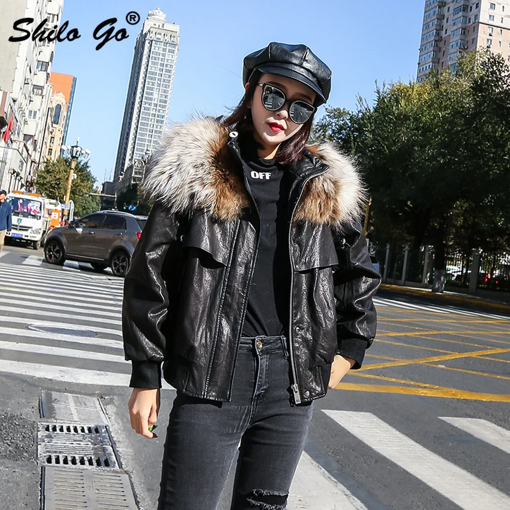 Genuine Leather Jacket Real Raccoon Fur Collar Drop Shoulder Bishop Sleeve Sheepskin Coat Women Winter Casual Oversized Outwear