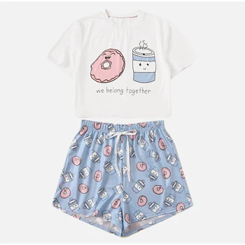

Summer Pajama Women's Set Sweet Short Sleeve T Shirt With Elastic Waist Shorts Home Clothes For Women 2020 Casual Female Pajamas