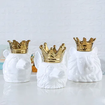 

[HHT] Ceramic Animal Desktop Ornaments Crown Lion/fox/Bear Head Storage Tank Savings Jar Living Room Home Decorations Gifts
