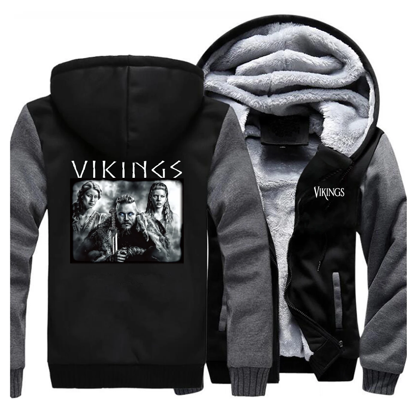 Vikings Ragnar Lothbrok Lagertha Character Print Mens Hoodie 2021 Winter Fleece Streetwear Costume Men Biker Coat Zipper Outwear | Мужская