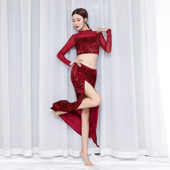 

BacklakeGirl Dance Practice Clothes 2020 Dance Performance Two Pieces Prom Dress Heavy Handmade Sequins Dress Vestido Rojo