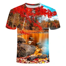 T shirt à manches courtes pour hommes, imprimé paysage 3D, grand col rond, été