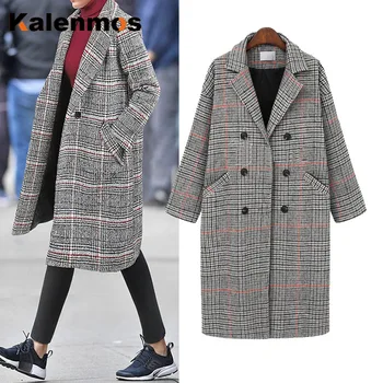 

Plus Size XL-4XL Winter Long Overcoat Women Pocket Plaid Warm Outfit Handmade Loose Korean Thick Coat Fashion Outwear Casual Top