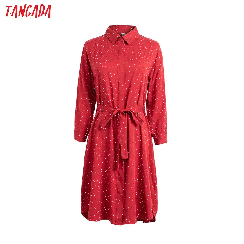 

Tangada korean fashion women dot print red shirt dress with slash Long Sleeve female retro midi Dress Vestidos 4T20