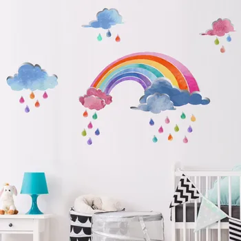

Spray-Print Ins Watercolor Rainbow Clouds Rain Wall Stickers Cartoon Art Decals for Kids Rooms Bedroom Living Room Home Decor