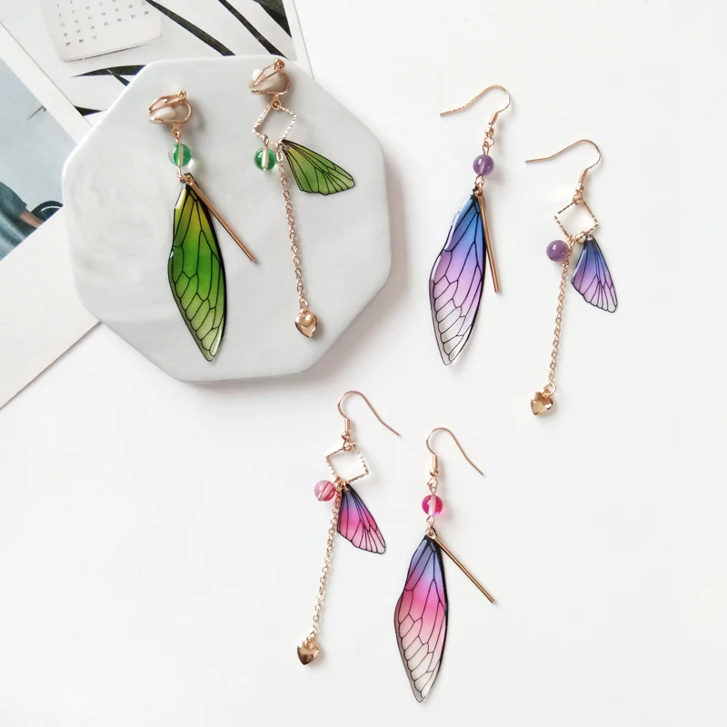

EM042 Temperament Long-style Drop Earrings Cicada Wings Creative Asymmetry Gradual Change Of Color Fresh Earrings For Women