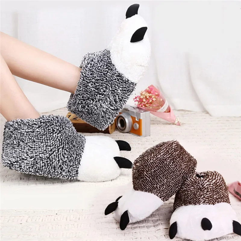 Man Women Animal Bear Paw Home Slippers Winter Warm Plush Slippers Female Thermal Soft Cotton Indoor House Shoes#40