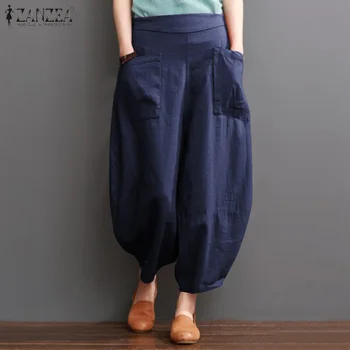 

ZANZEA Vintage Women Wide Leg Pants Summer Elastic Waist Solid Loose Harem Pants Cotton Linen Turnip Pantalon Casual Trousers