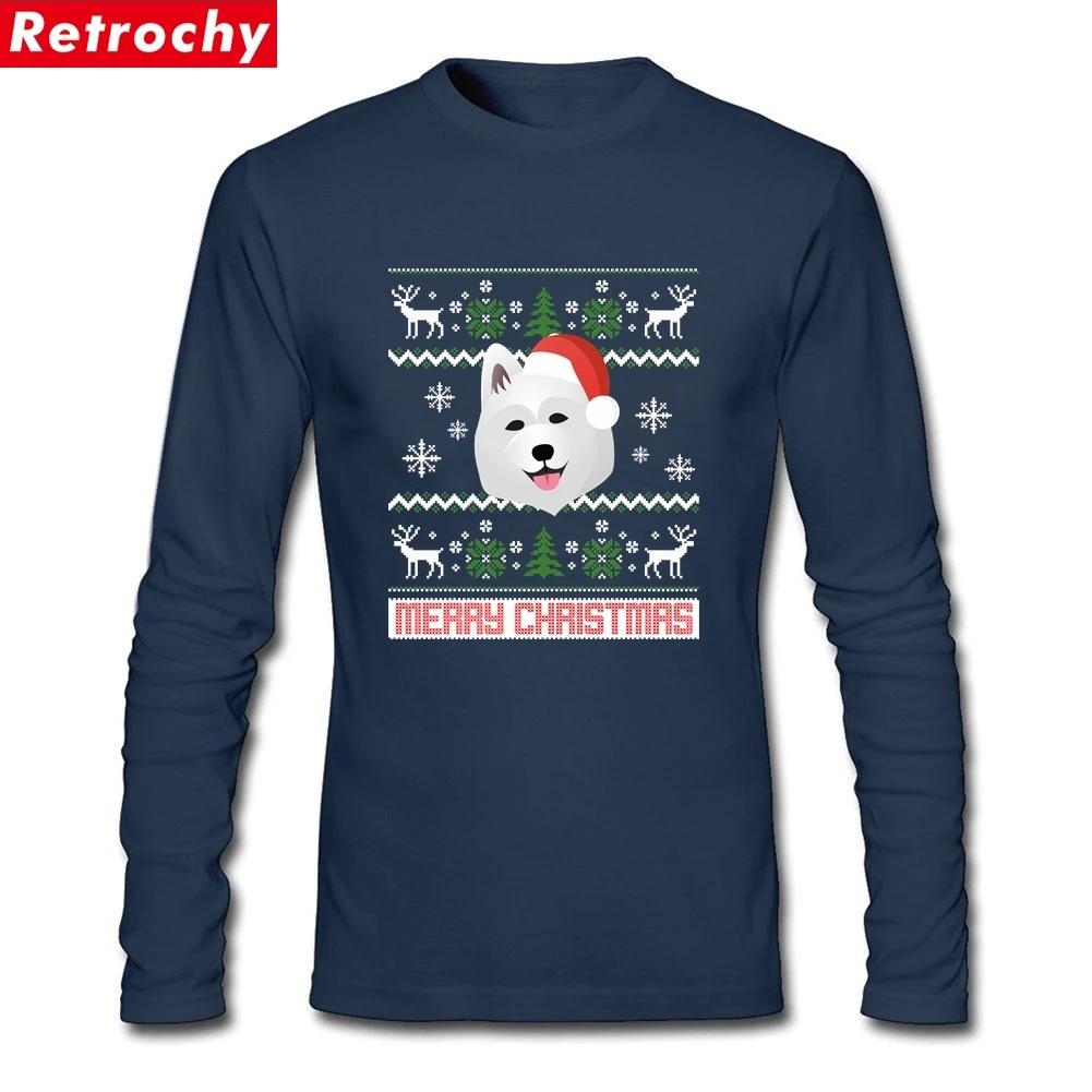 Уличная одежда Samoyed Santa Snow футболки с рождественским узором мужские с длинным рукавом хлопок круглый воротник Camisetas для молодежи - Цвет: Navy