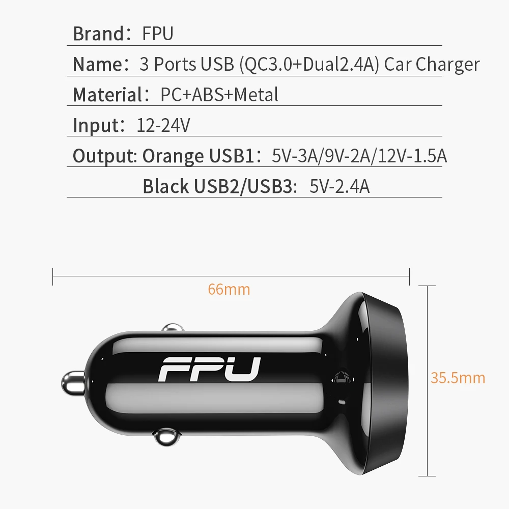 FPU USB Автомобильное зарядное устройство 3 порта Быстрая зарядка 3,0 QC3.0 QC зарядное устройство для мобильного телефона для iPhone Xiaomi Tablet 3A быстрое автомобильное зарядное устройство адаптер