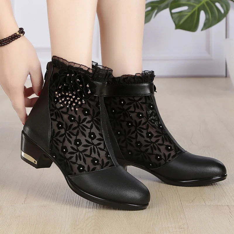 

2019 Spring New Style Lace Short Boots Chunky Heel Comfortable Breathable Shoes Lightweight after Zipper Black Net Boots