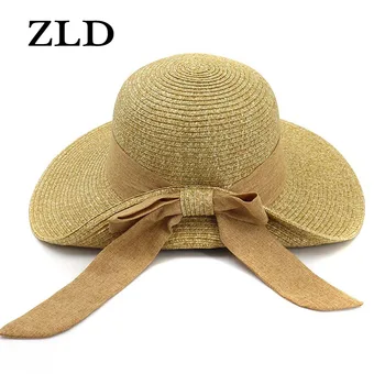 

ZLD Summer flat sun straw hat bow female sun hat dome hat fisherman hat sun visor new ladies straw hat ladies beach